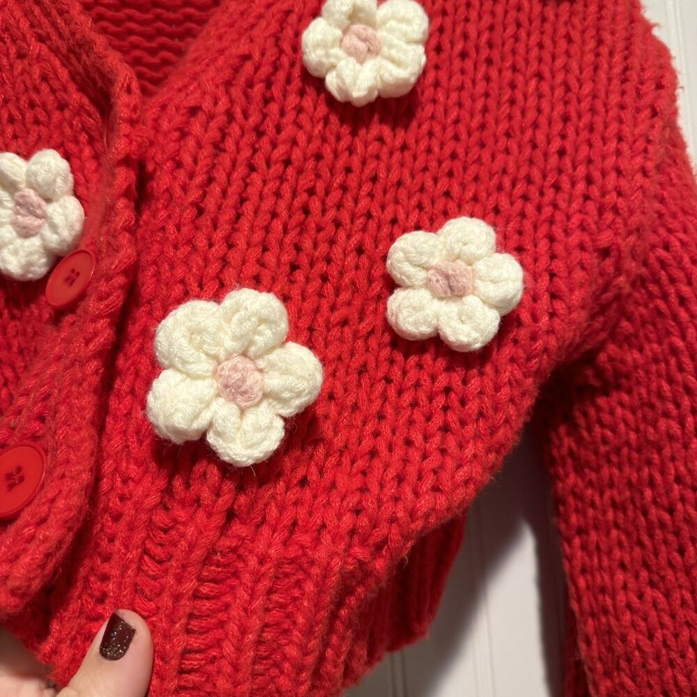 Luna Ivy Red Floral Cardigan Sweater Chunky Knit Size XS - Picture 4 of 7